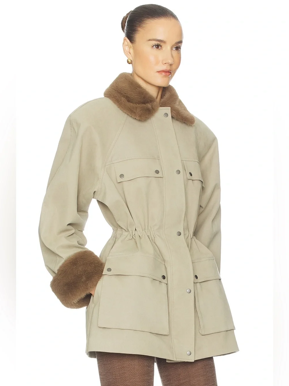 Helsa  The Balmoral Jacket With Faux Fur Trim in Khaki